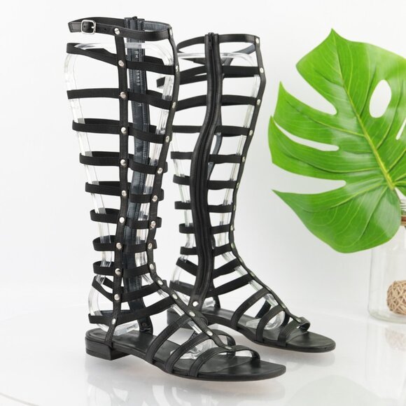 Stuart Weitzman Womens Gladiator Sandal Size 6.5 Tall Black Leather Strappy Shoe - Picture 13 of 14